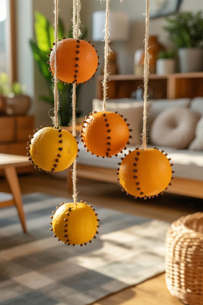 Citrus pomander balls hanging in a cozy room.