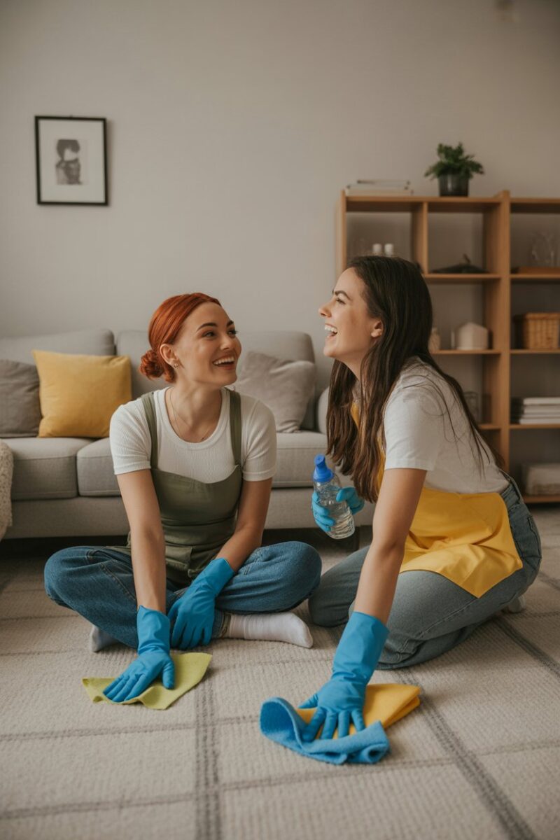 Two friends laughing while cleaning a room together.