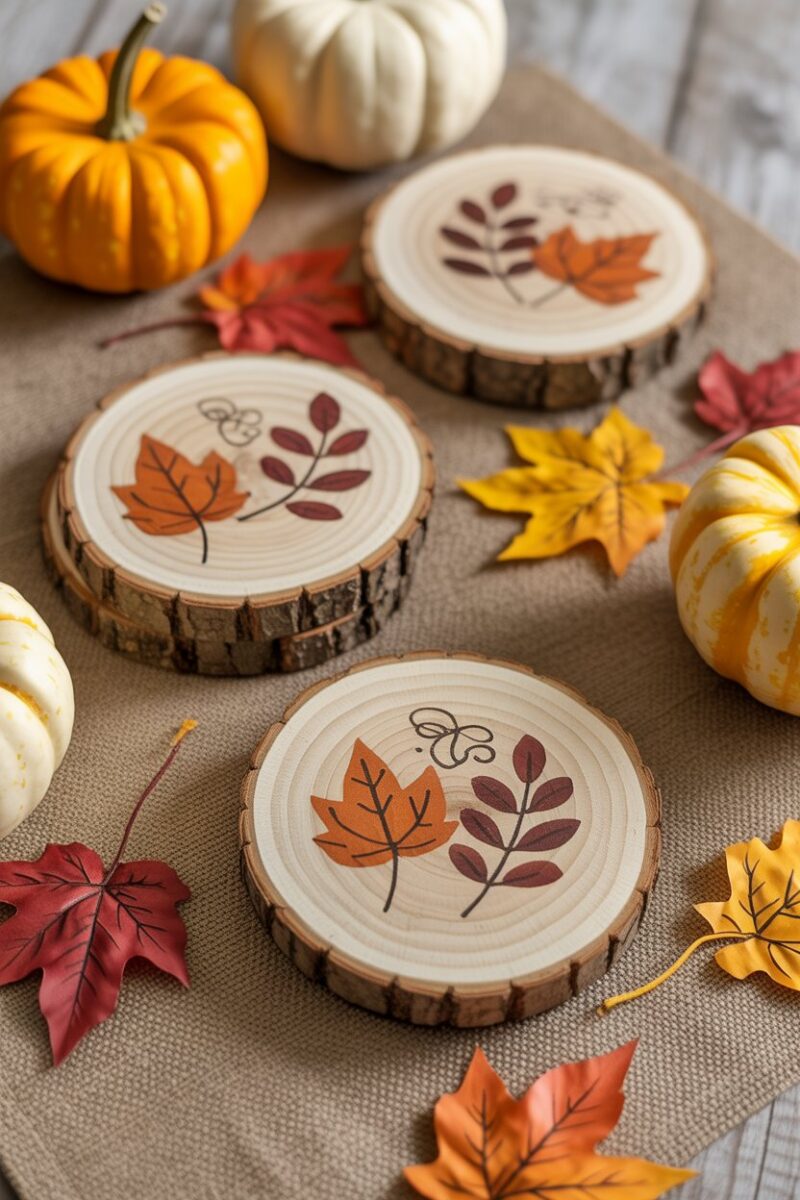 Wood slice coasters with fall-themed decorations including pumpkins and leaves.