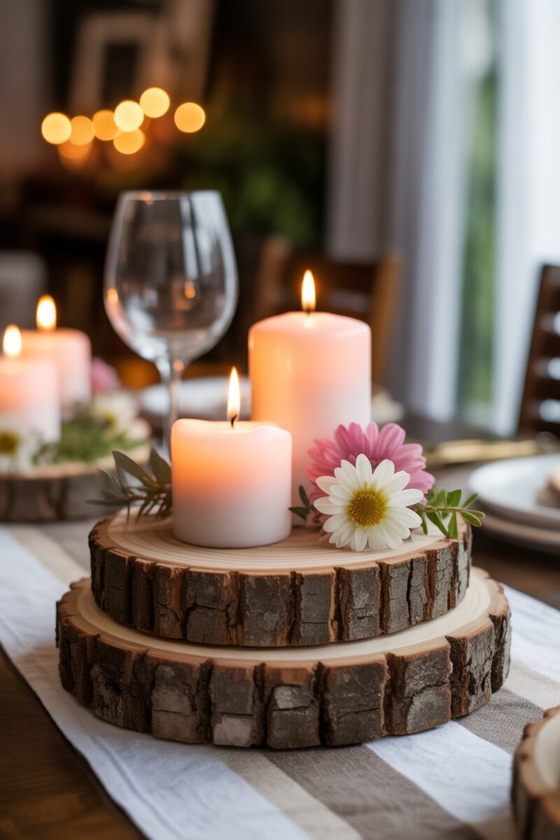 Wood slice table decor with candles and flowers