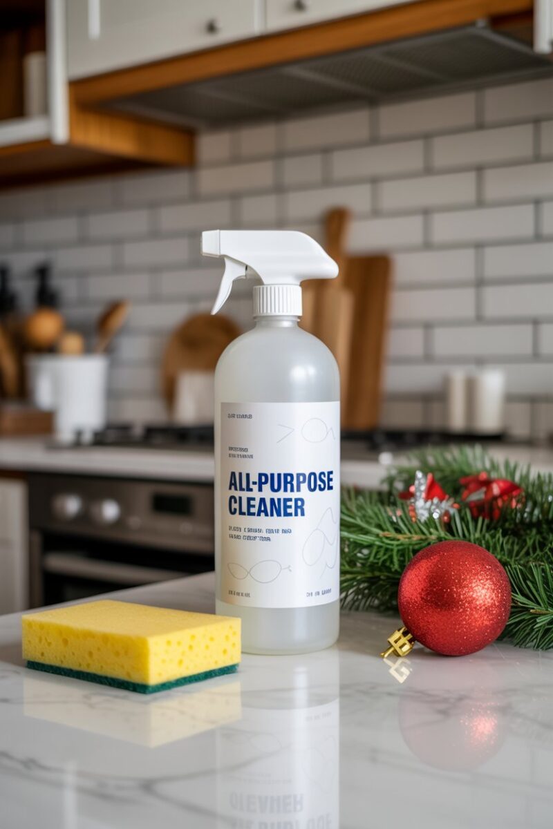 A bottle of all-purpose cleaner on a kitchen counter with a sponge and holiday decorations.