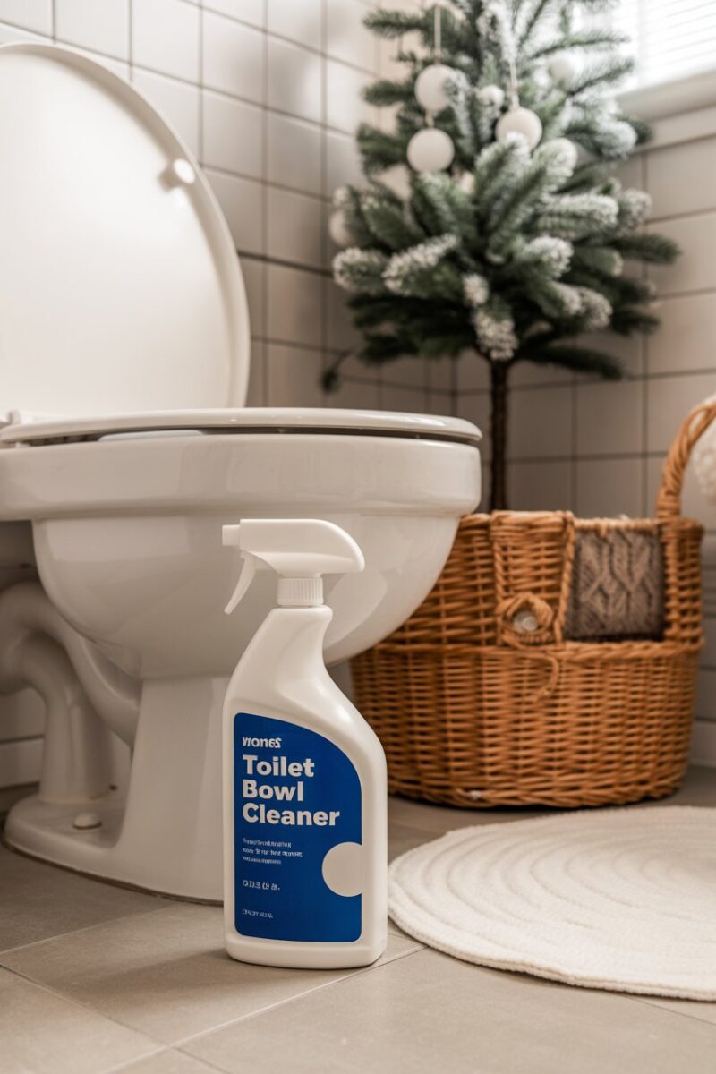 A bottle of toilet bowl cleaner next to a toilet in a cozy winter-themed bathroom