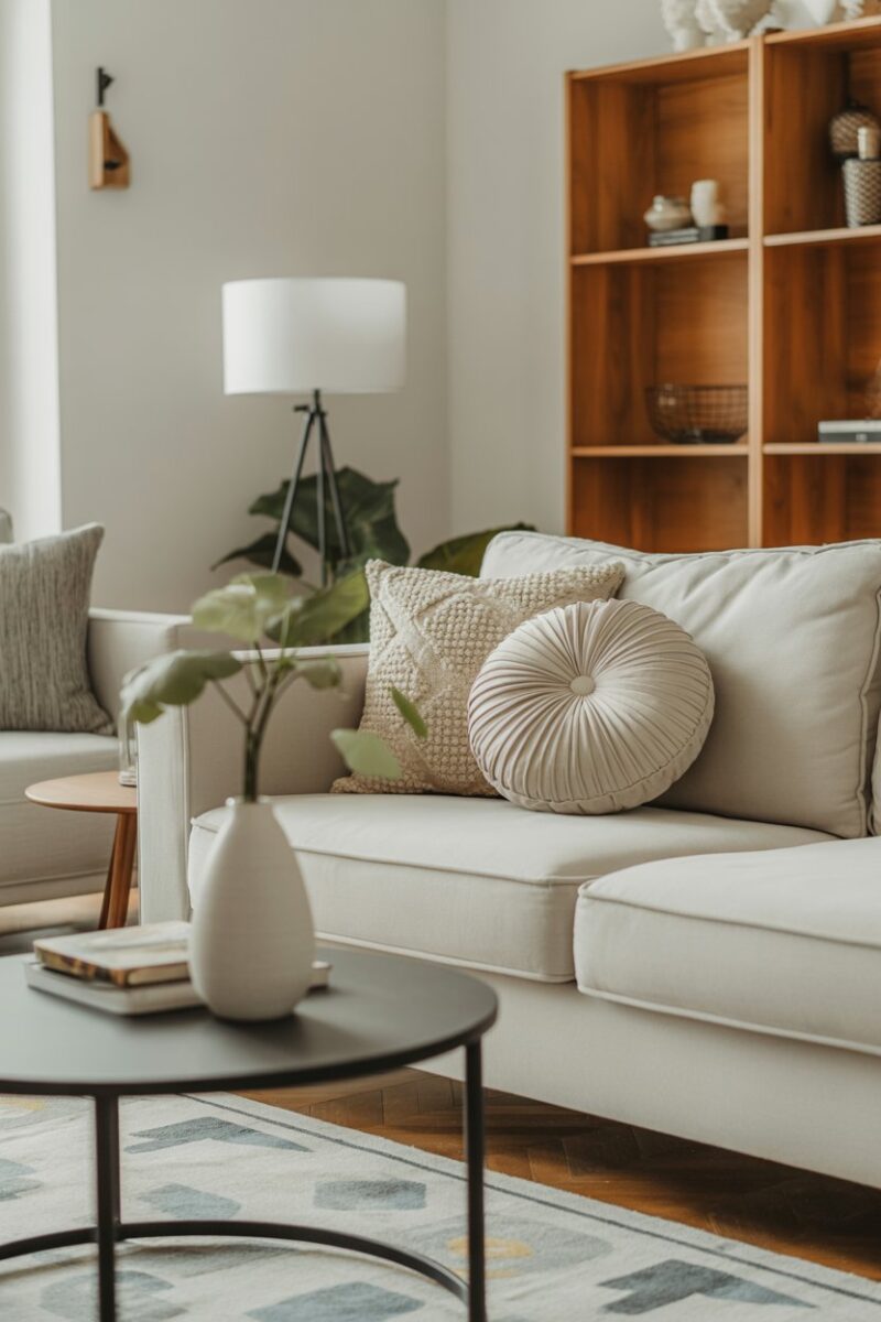 A clean and cozy living room with a white sofa and decorative pillows.