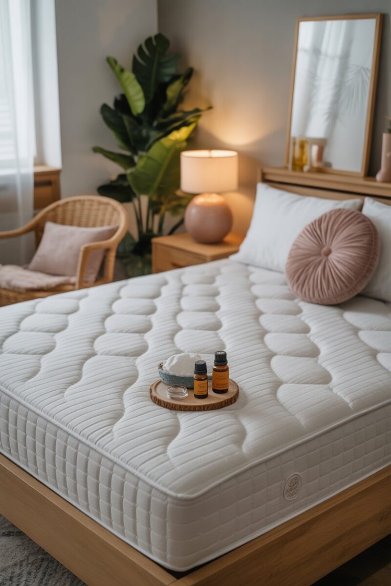 A clean mattress with essential oils and baking soda on top, surrounded by a cozy bedroom setting.
