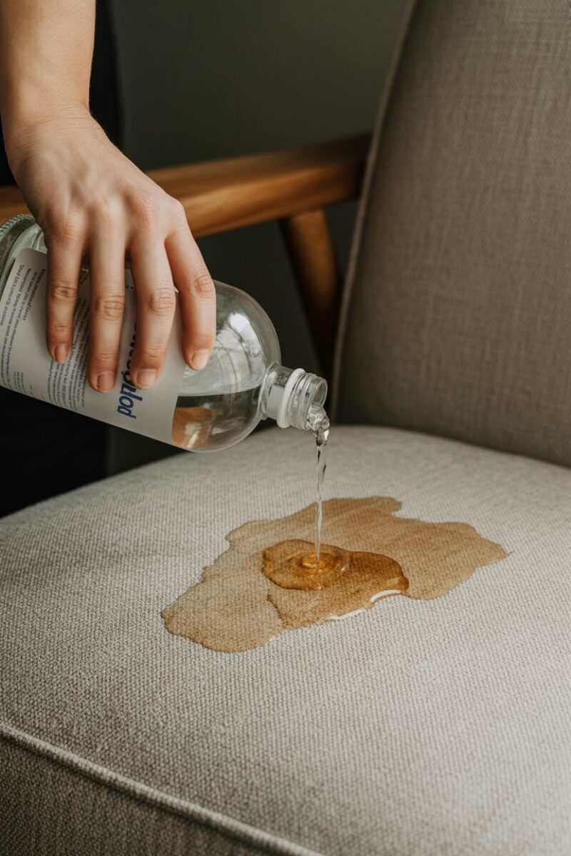 A person pouring rubbing alcohol on a stained fabric chair