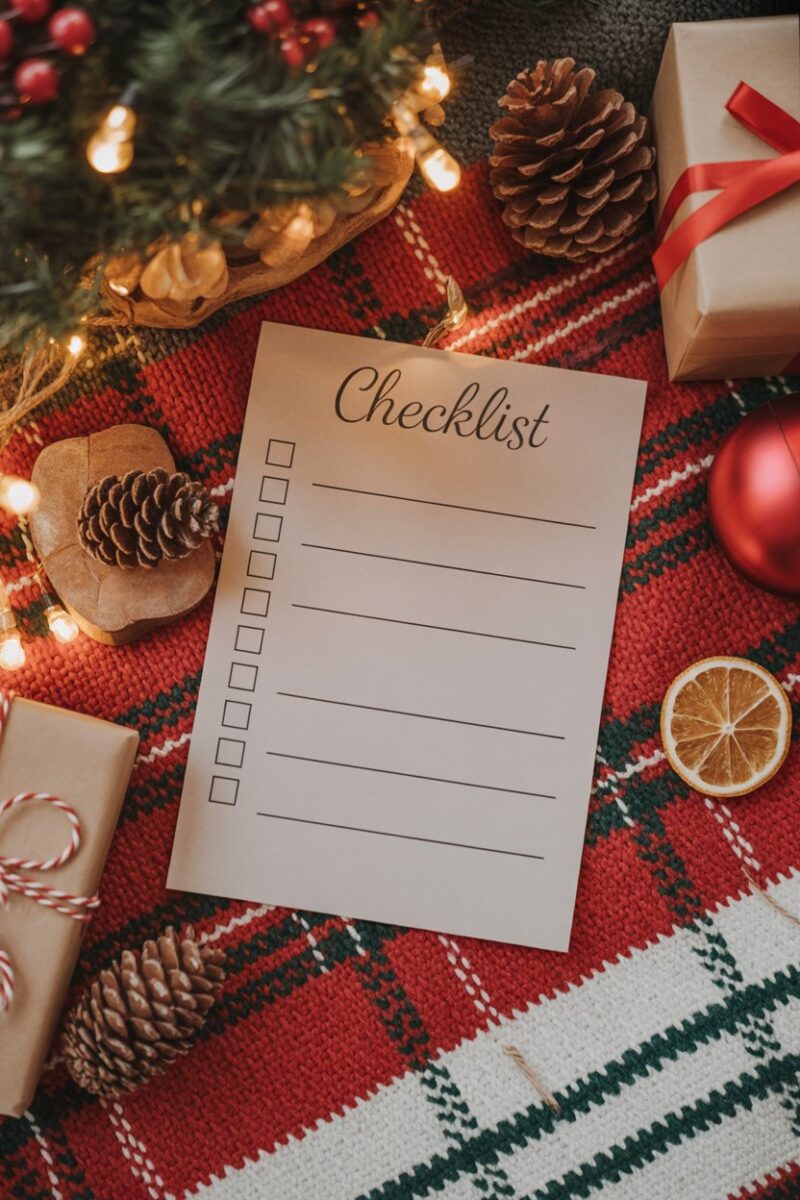 A checklist for post-season organization with holiday decorations and a cozy setting.