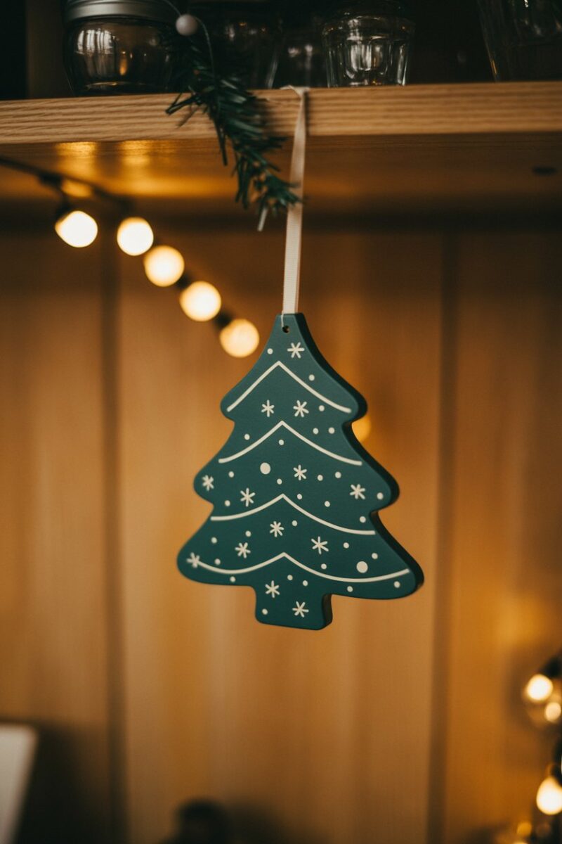 A decorative air freshener shaped like a Christmas tree, hanging on a shelf.