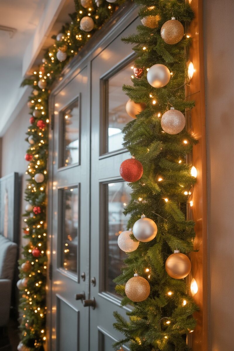 A decorative garland with ornaments and lights hanging beside a door.
