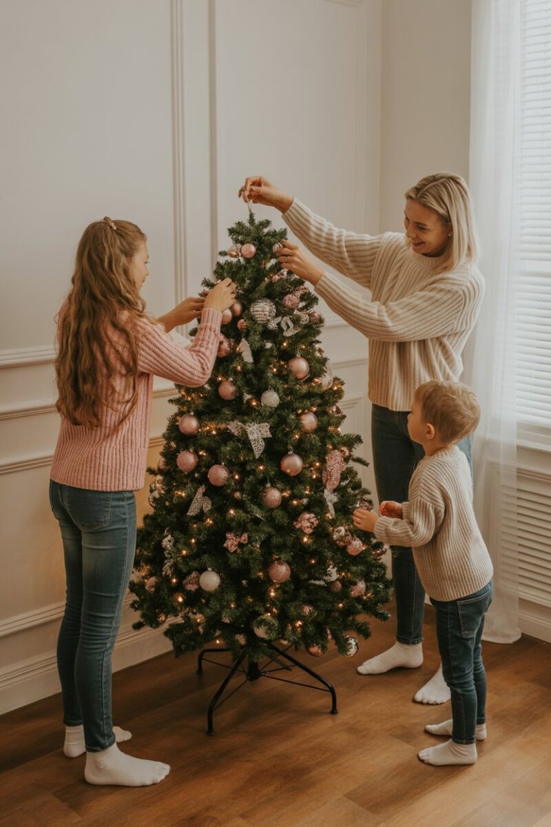 A family decorating for Christmas together, showcasing teamwork and joy.