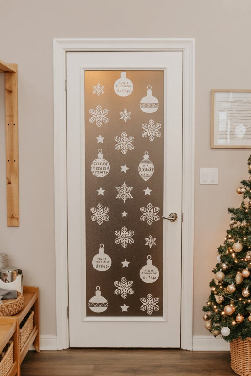 A frosted glass door decorated with Christmas-themed vinyl decals, including snowflakes and ornaments.