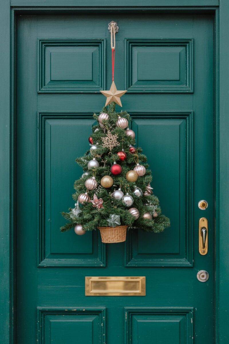 A green door decorated with a small Christmas tree adorned with ornaments and a star.