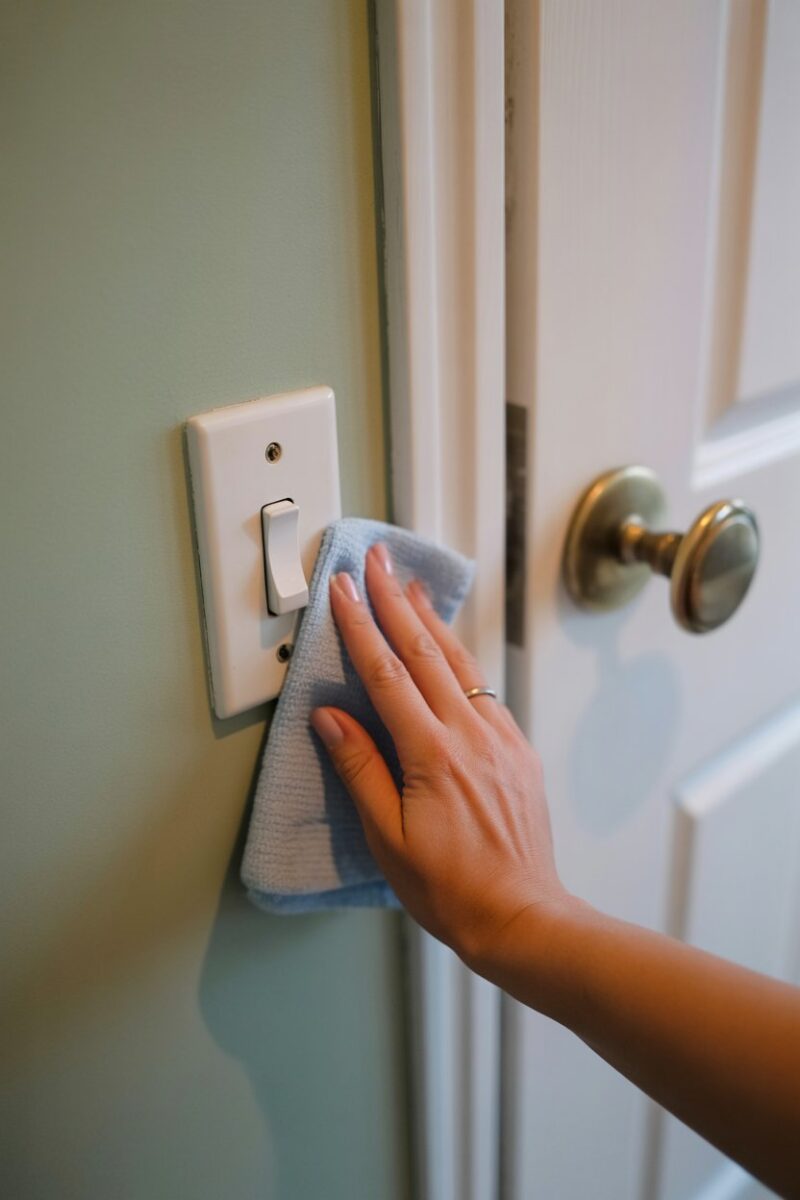 A hand cleaning a light switch and door handle with a cloth.