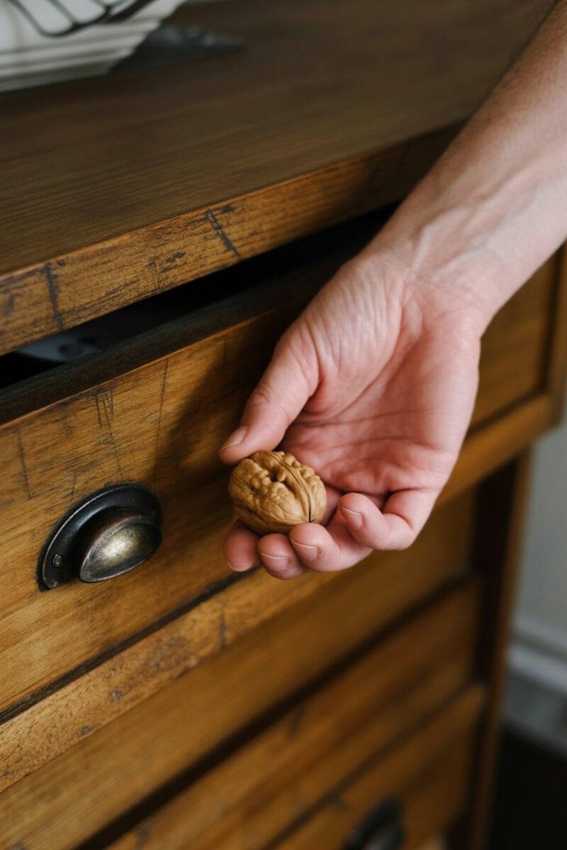 A hand holding a walnut near a scratched wooden drawer.