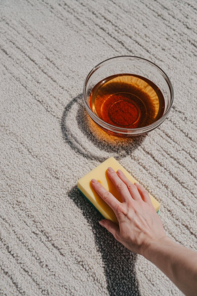 A hand using a sponge to clean a carpet with a bowl of vinegar nearby.