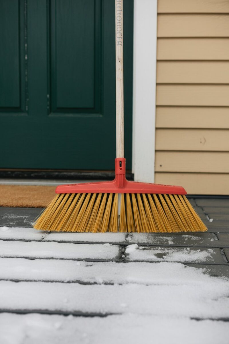 A heavy-duty broom resting on a snowy porch, ready for winter cleaning.