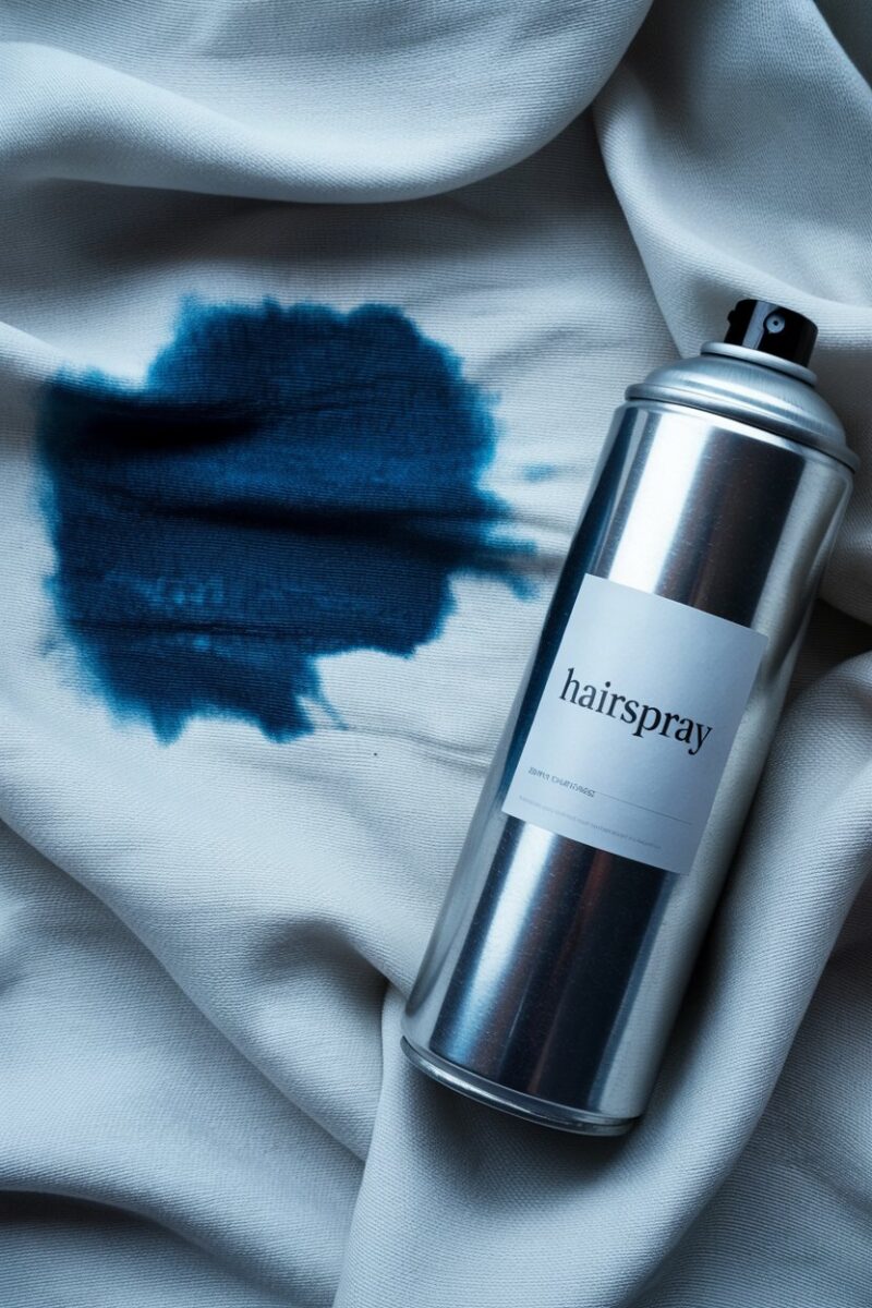 A can of hairspray next to a blue ink stain on fabric.