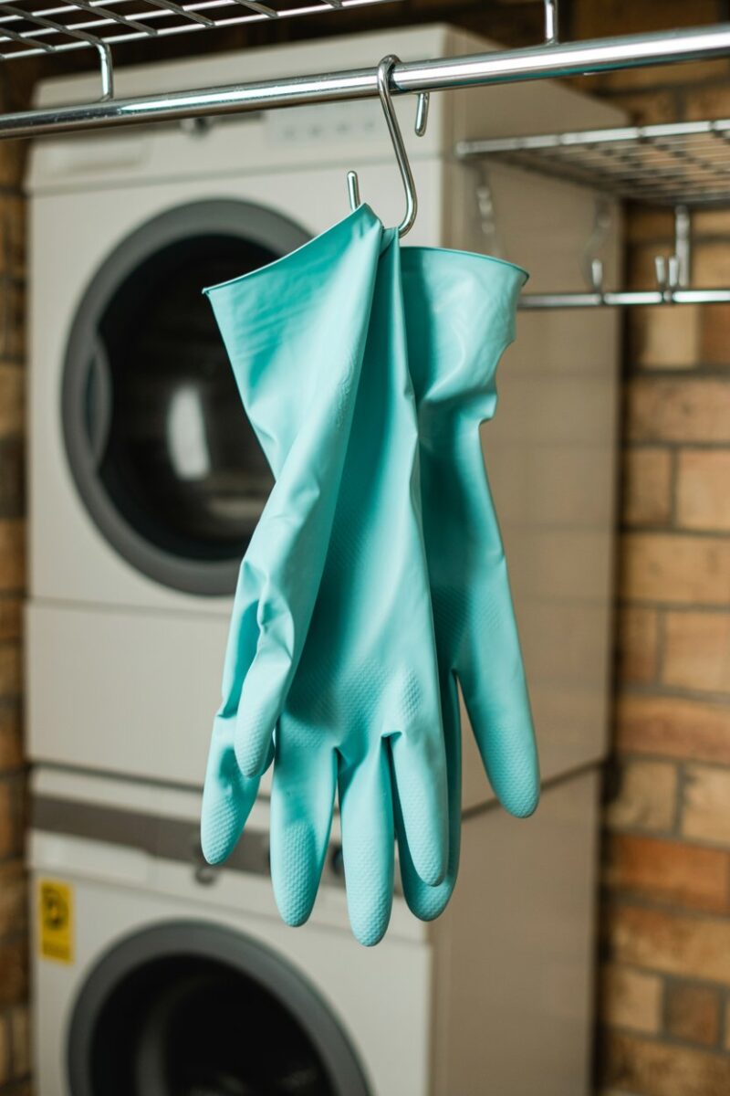 A pair of blue heavy-duty cleaning gloves hanging on a hook in a laundry room.