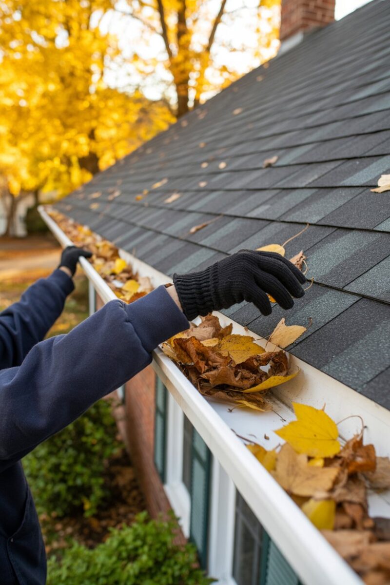 A person cleaning leaves from gutters on a house roof during fall.