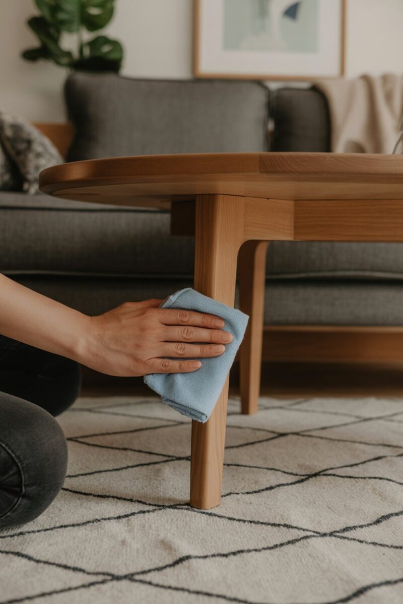 A person cleaning the legs of a wooden table with a blue cloth in a cozy living room.