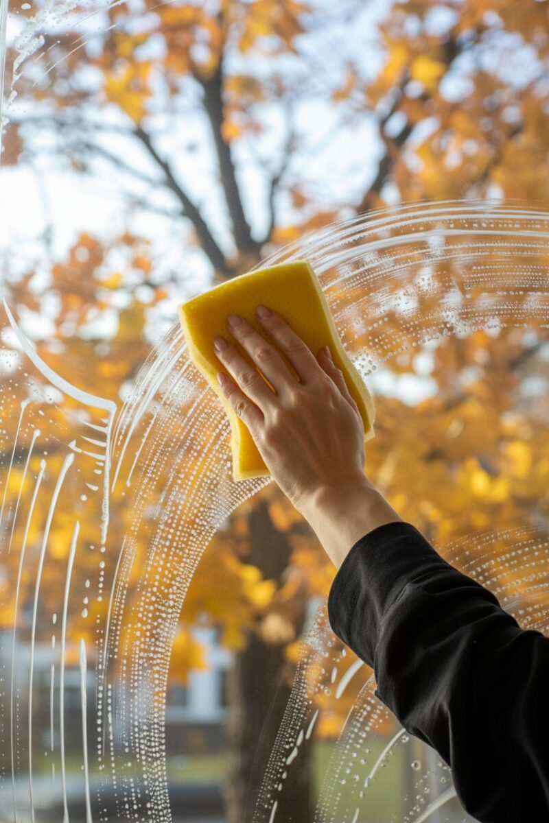 A person cleaning windows with a sponge while colorful autumn leaves are visible outside.