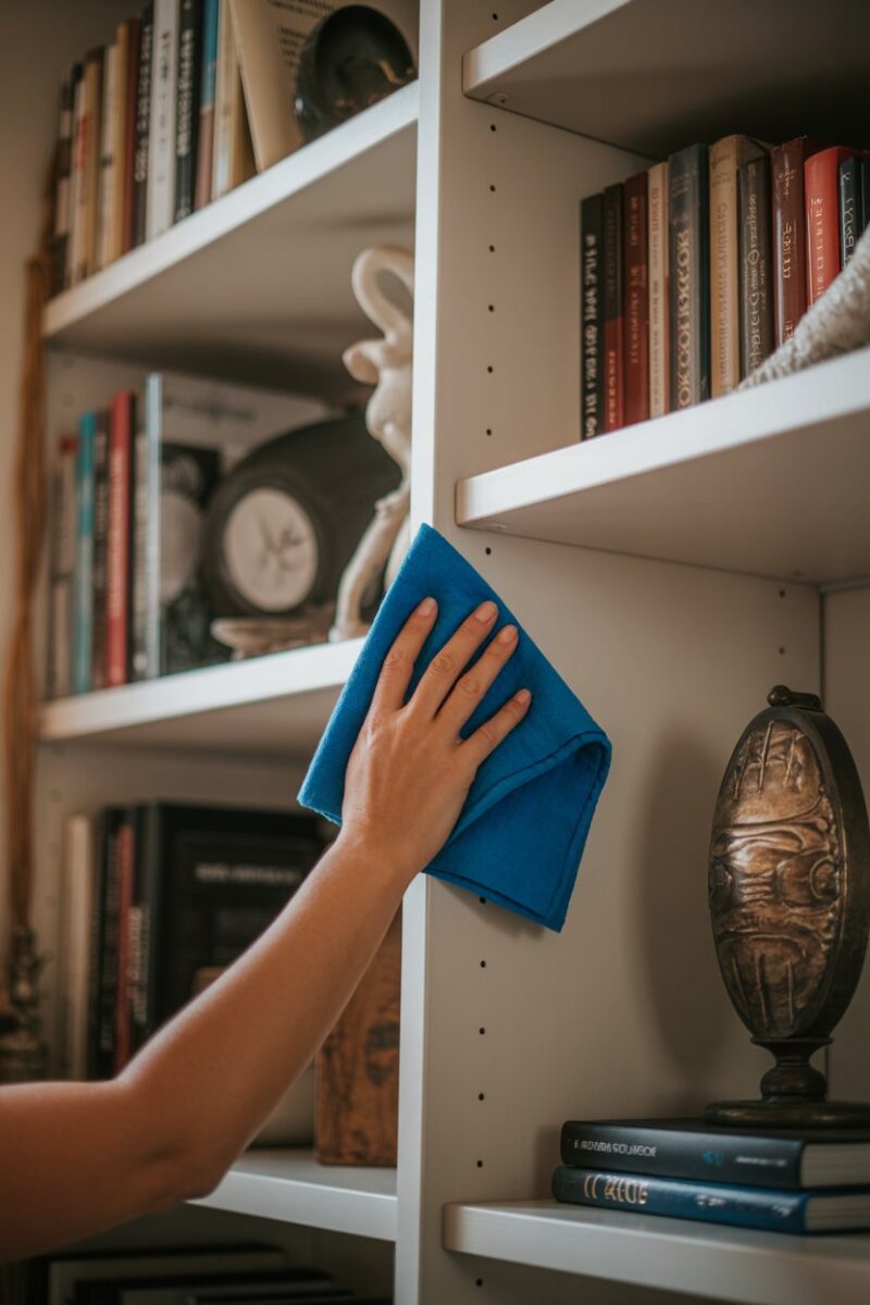 A person dusting a shelf with a blue microfiber cloth, surrounded by books and decorative items.