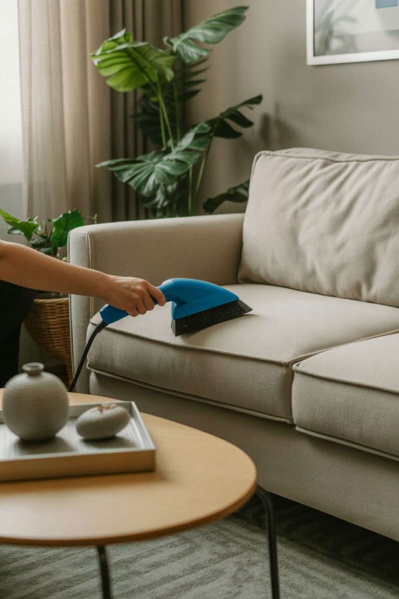 A person dusting a sofa with a blue cleaning tool, surrounded by decorative plants and a coffee table.