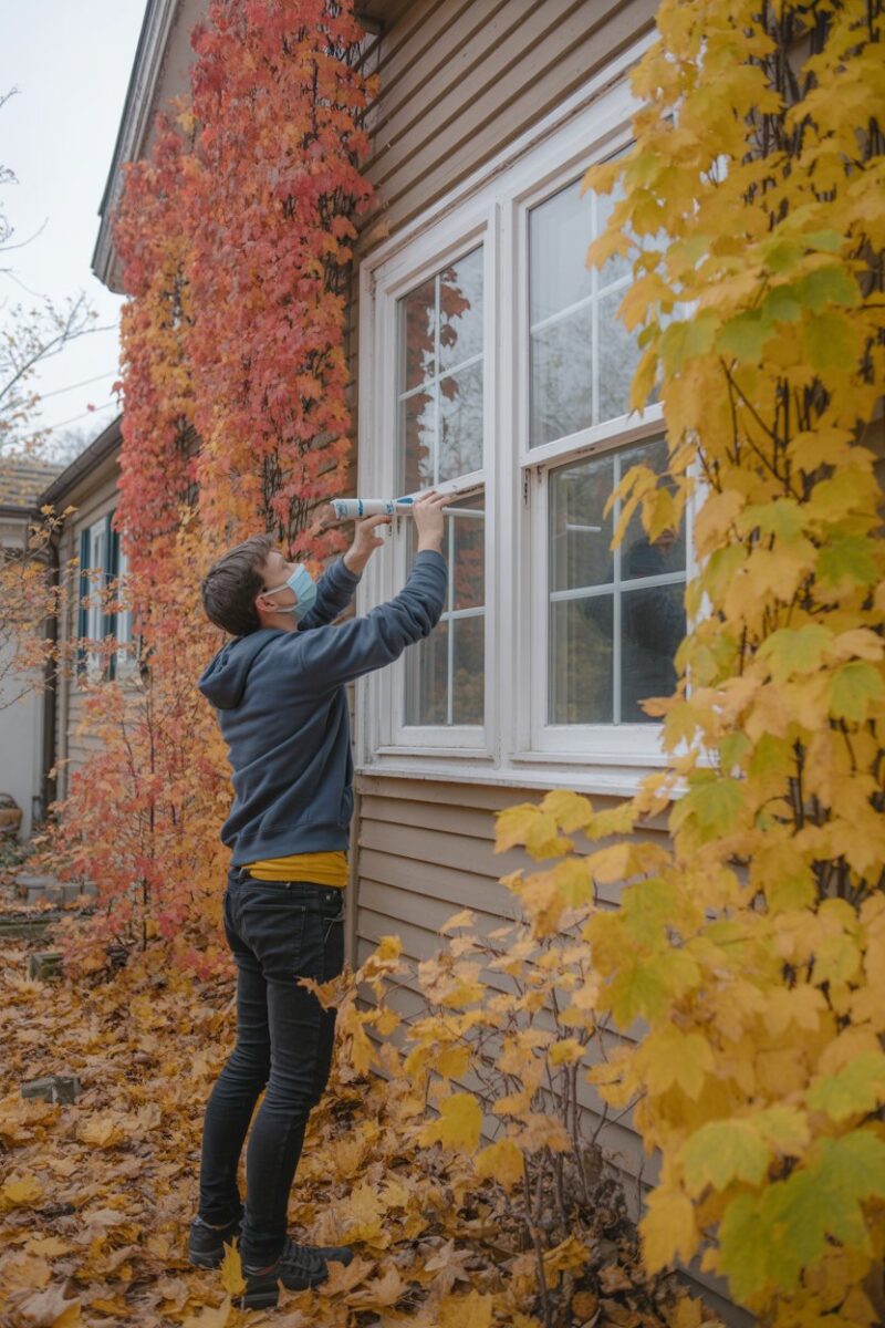 A person sealing a window with caulk, surrounded by colorful autumn leaves.