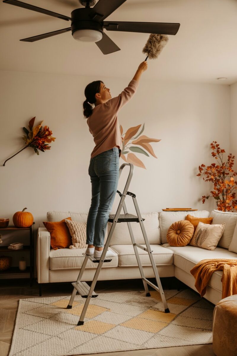 A person dusting a ceiling fan with a fluffy duster in a cozy living room.
