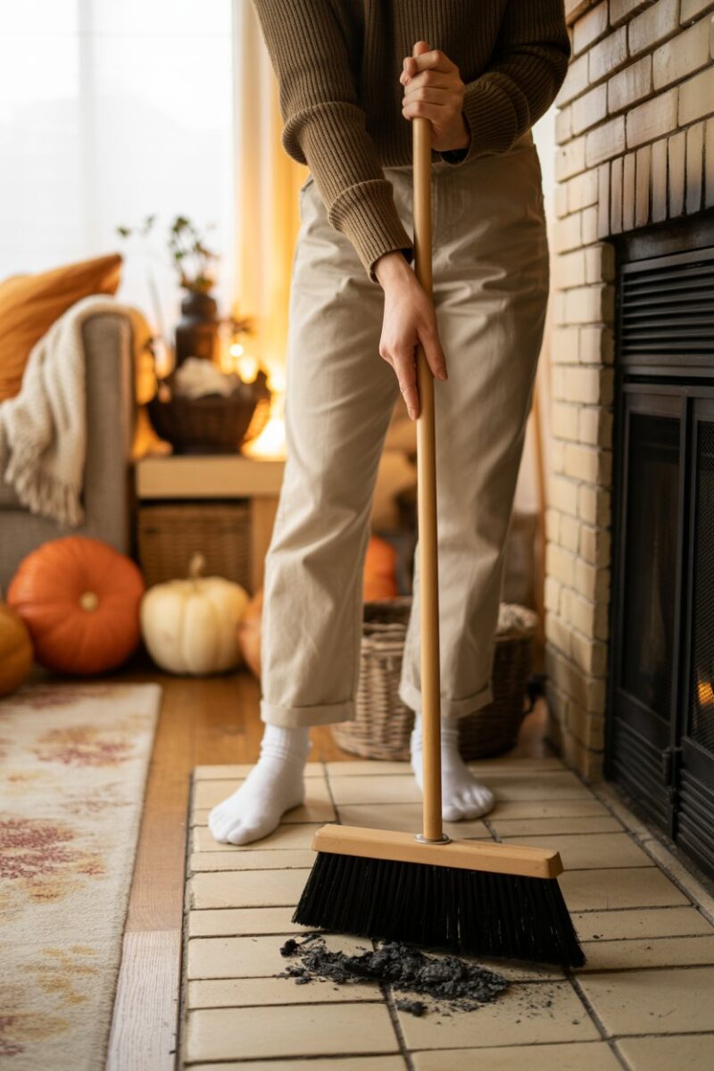 A person sweeping the fireplace with a broom, preparing it for use.
