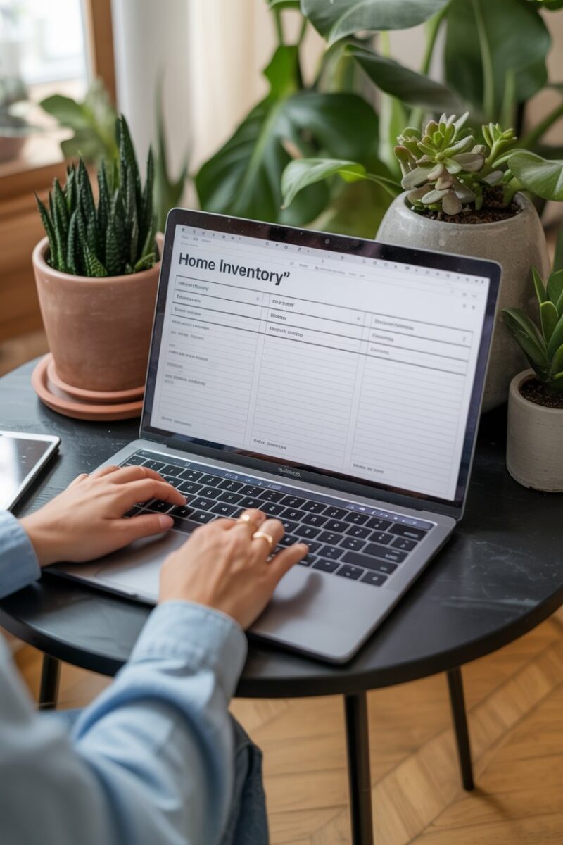 A person updating a home inventory list on a laptop at a cozy table with plants.