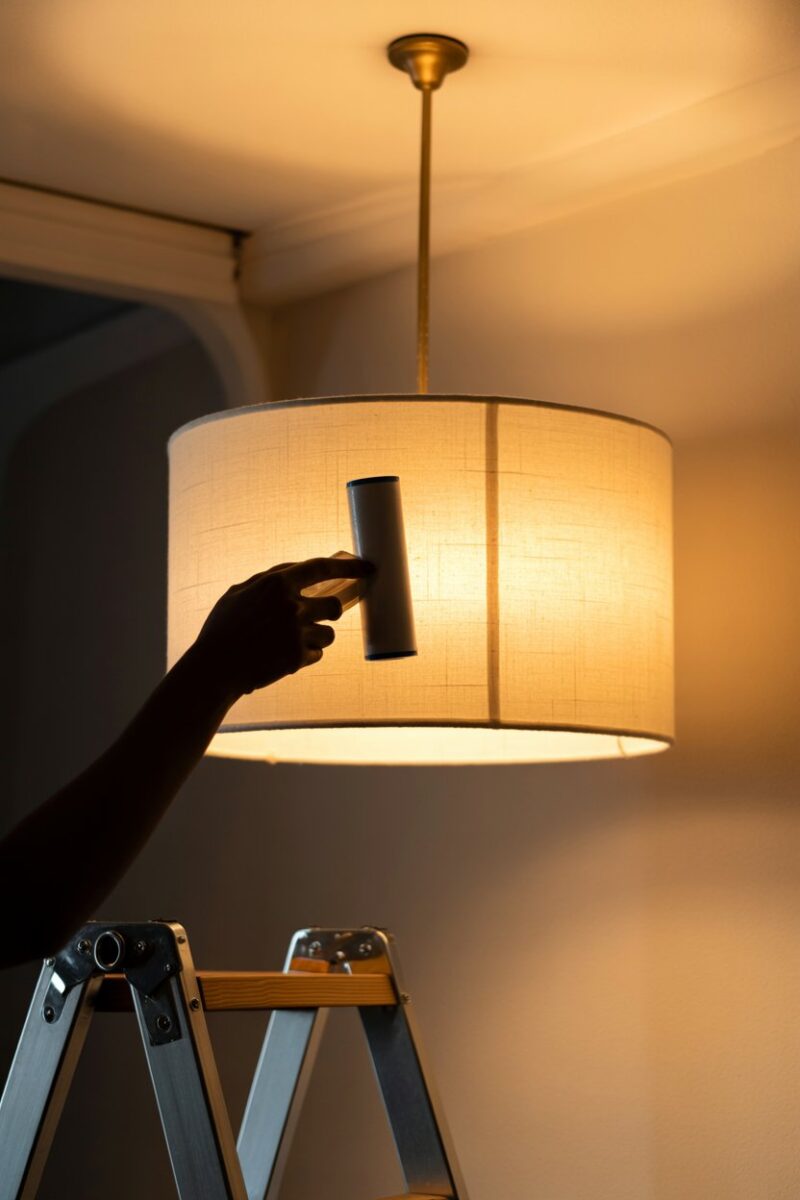A person using a lint roller on a fabric lamp shade while standing on a ladder.