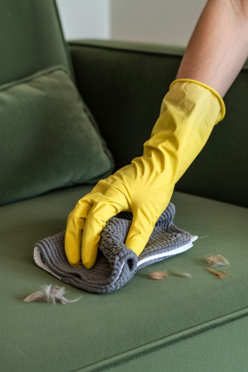 A person using rubber gloves to remove pet hair from a couch.