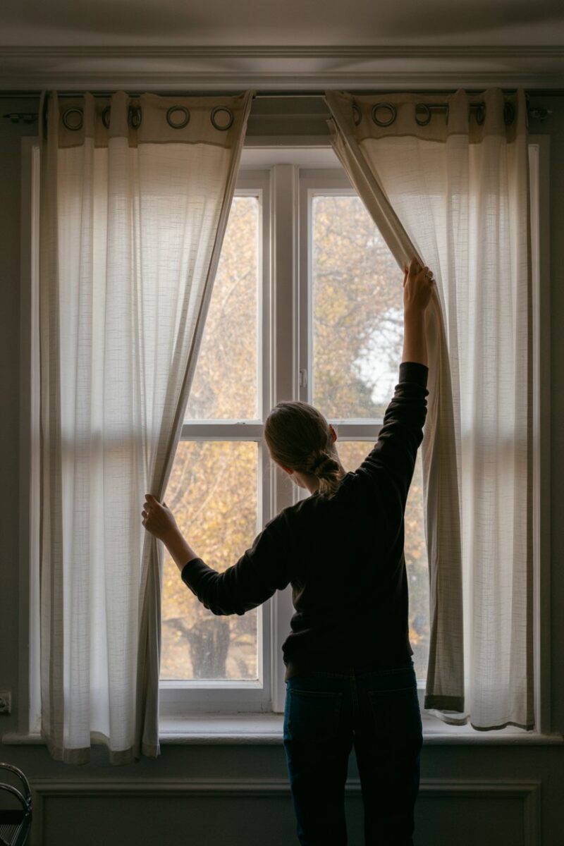 A person washing curtains by a window with autumn trees outside.