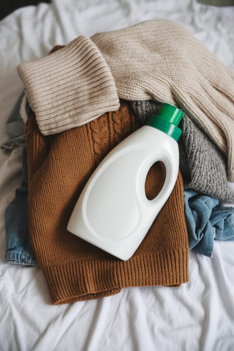 A pile of winter clothes with a bottle of laundry detergent.