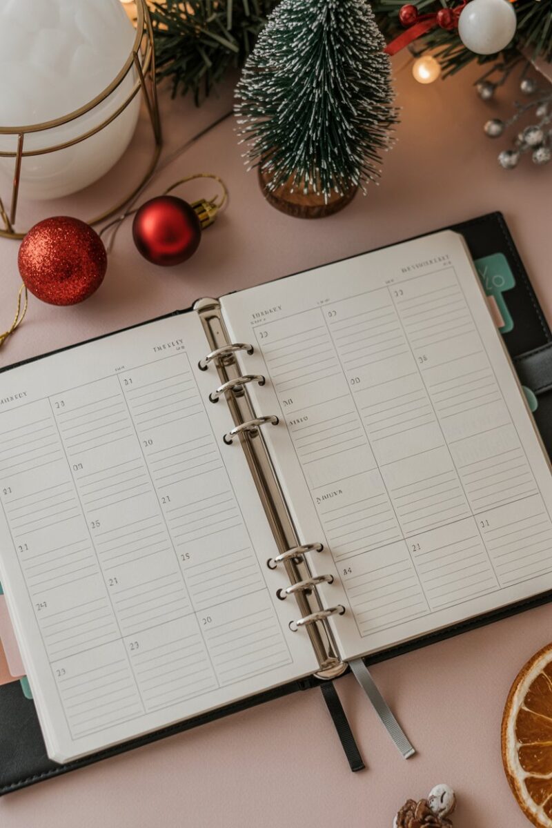 A planner with holiday notes and decorations on a table.