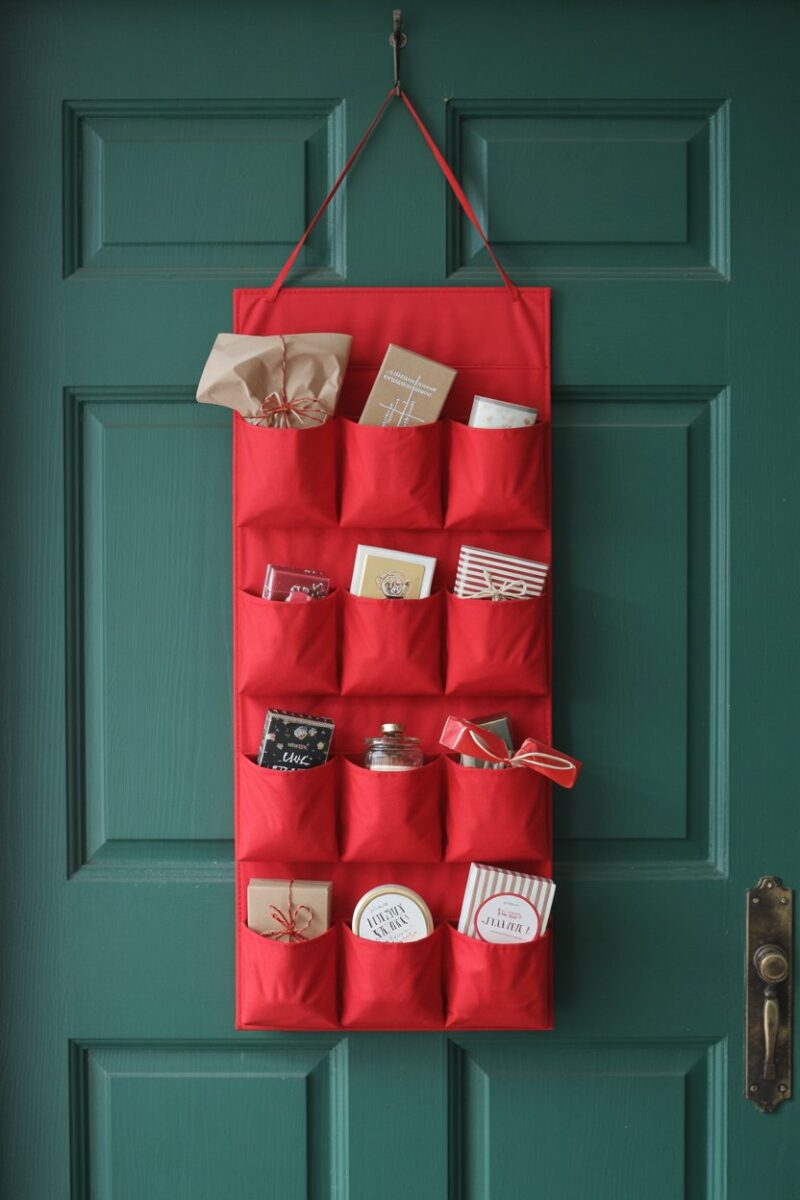 A red hanging organizer filled with gifts and treats, serving as a DIY Advent calendar on a green door.