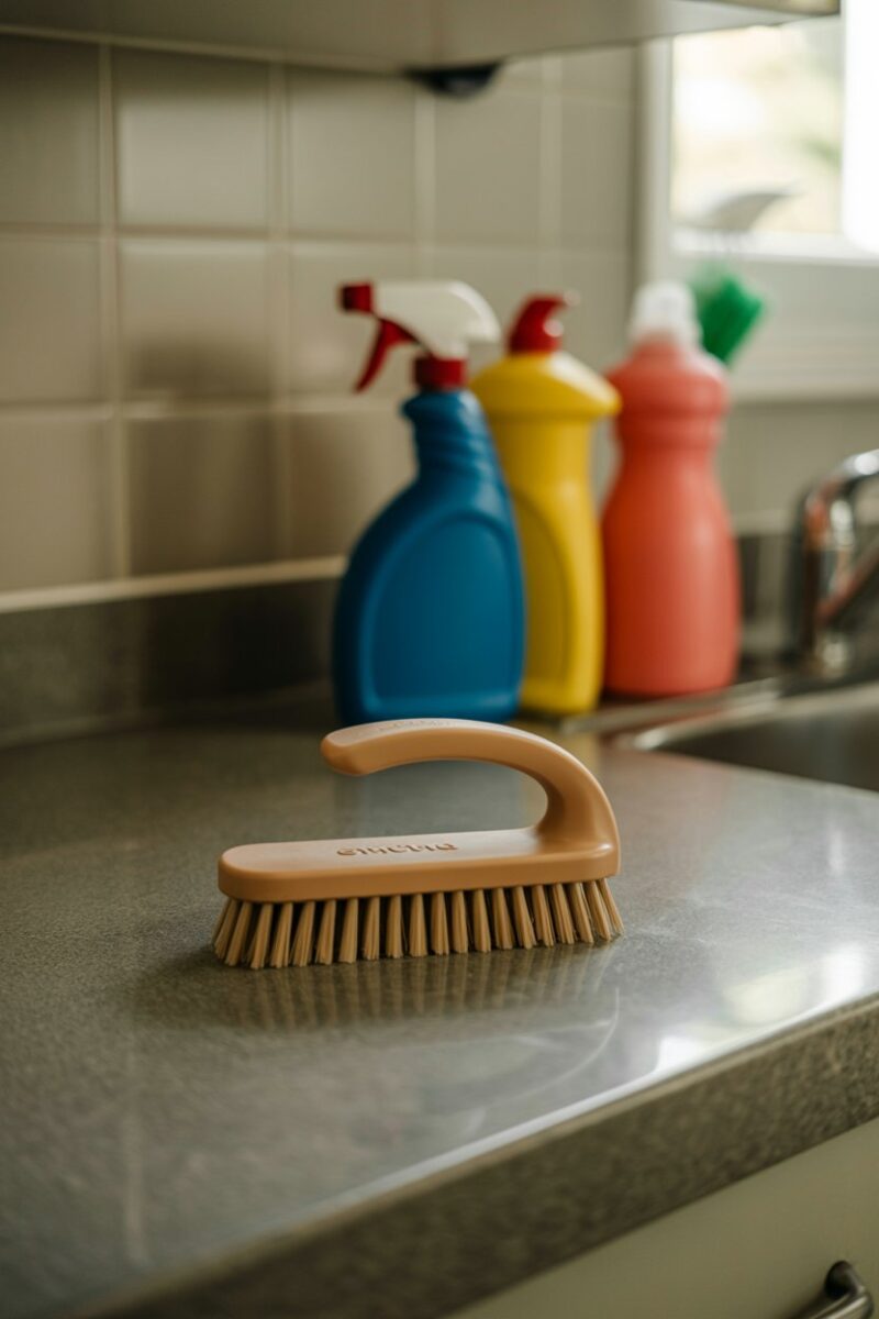 A scrub brush on a kitchen countertop with cleaning supplies in the background.