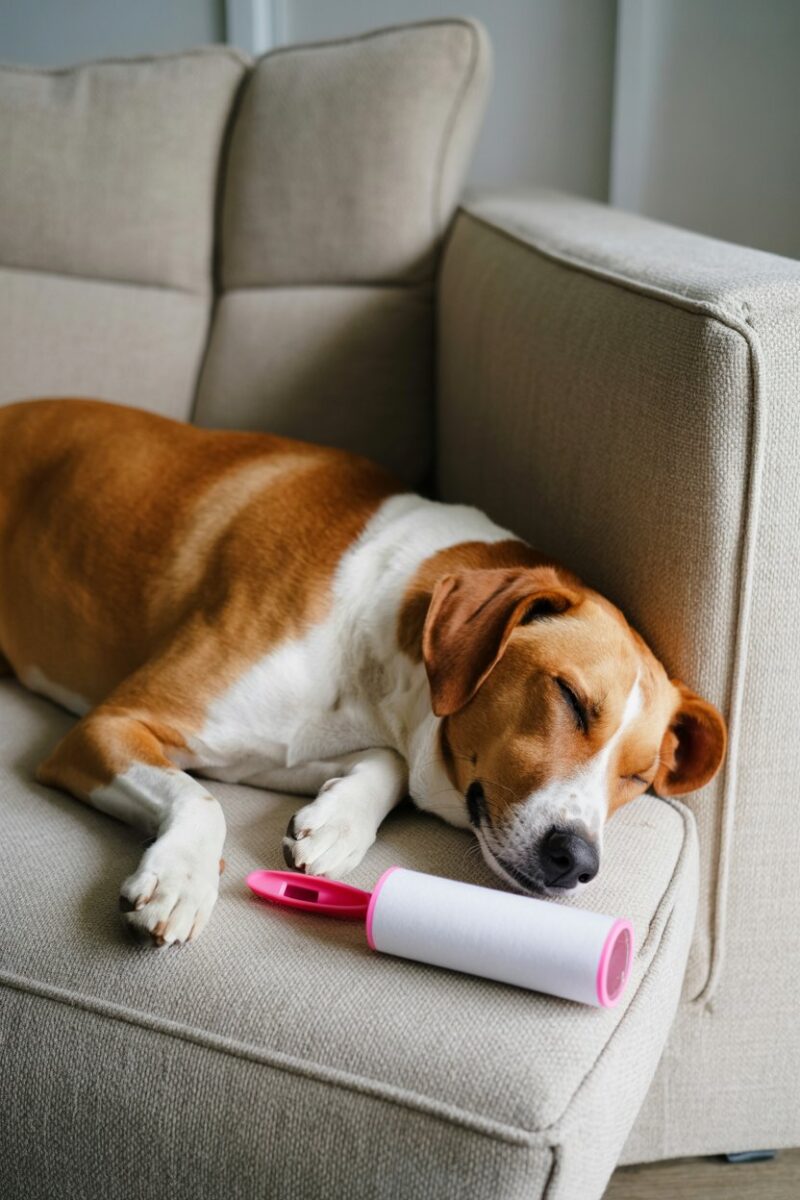 A sleeping dog on a couch next to a lint roller.