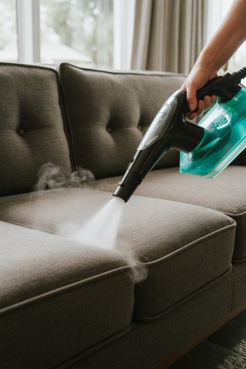A steam cleaner being used on a couch, emitting steam for deep cleaning.