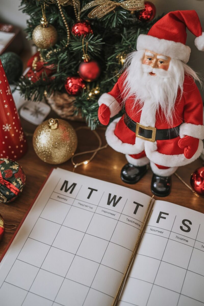 A calendar with Christmas decorations and a Santa figurine on a table.