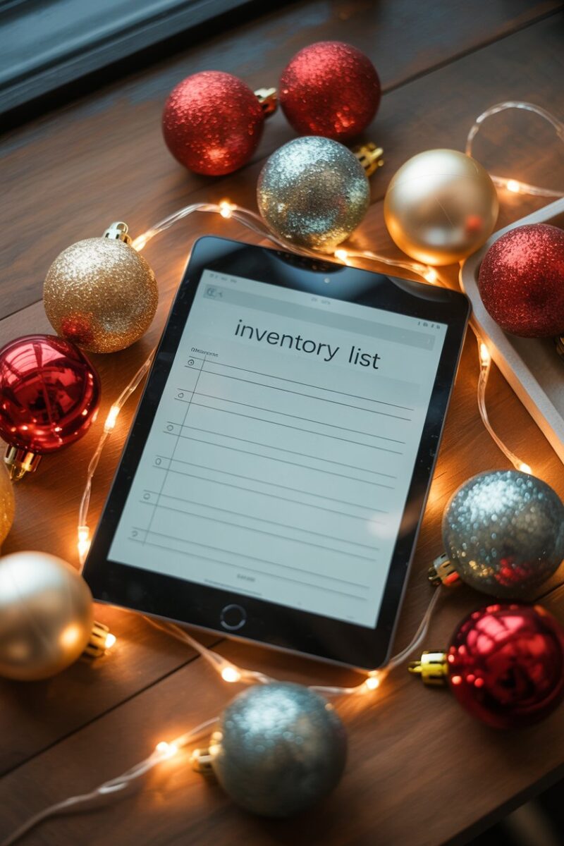 A tablet displaying an inventory list of holiday decorations surrounded by Christmas ornaments and lights.