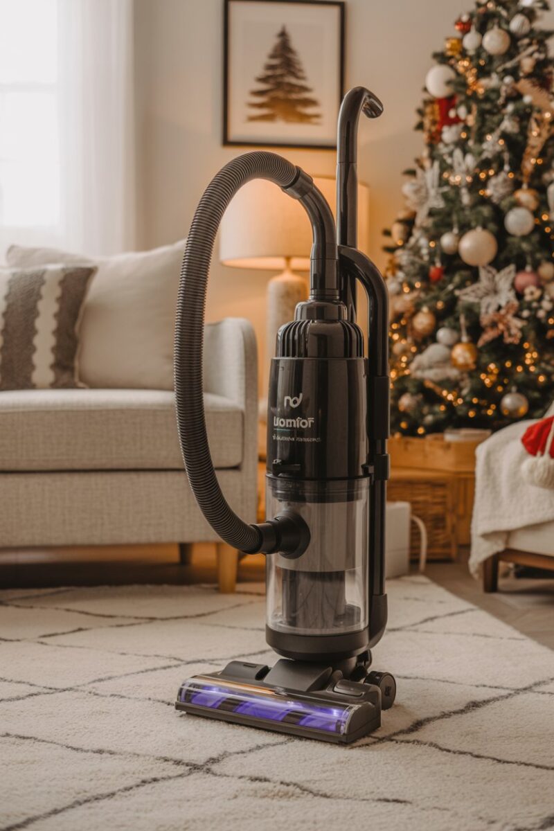 A vacuum cleaner with winter attachments in a cozy living room decorated for the holidays.