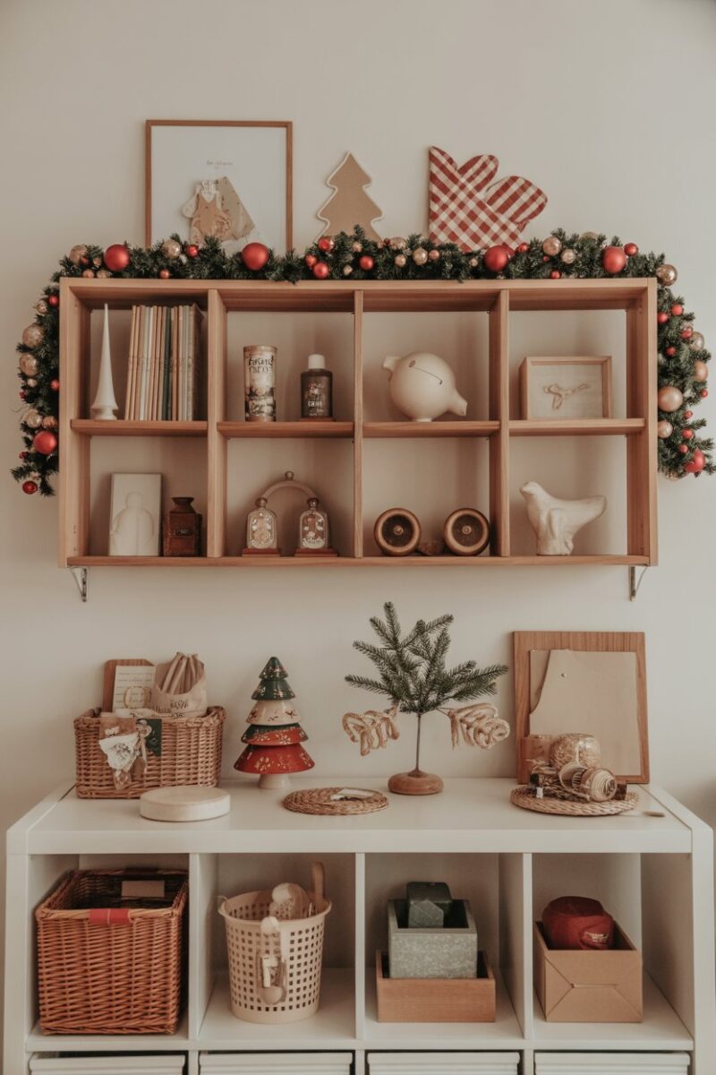 A well-organized holiday craft supply station with various decorations and supplies.