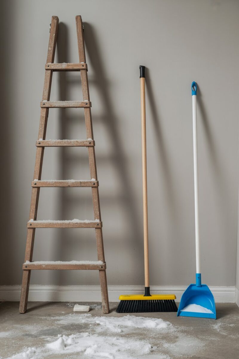 A wooden ladder next to cleaning tools including a broom and dustpan, with snow and salt on the floor.