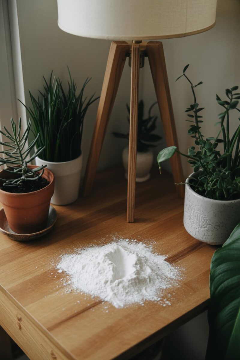 A wooden table with cornstarch sprinkled on it, surrounded by plants and a lamp.