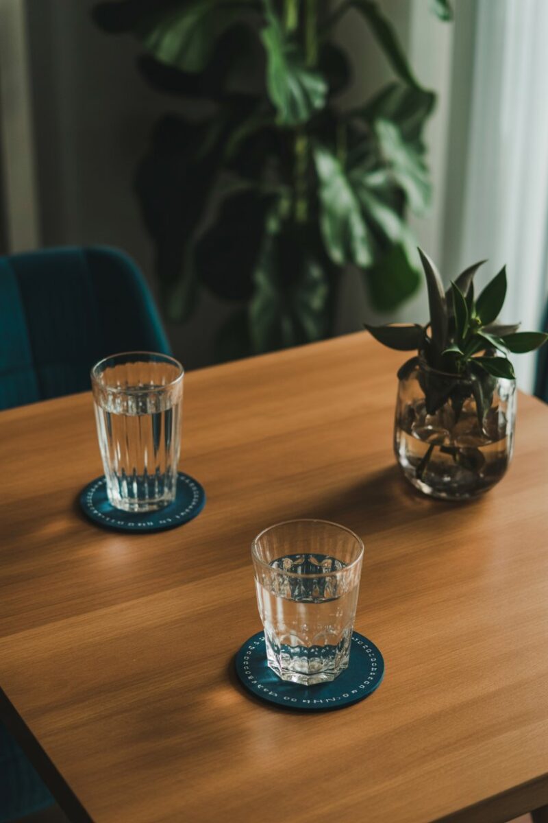 A wooden table with drinks and coasters to prevent water rings.