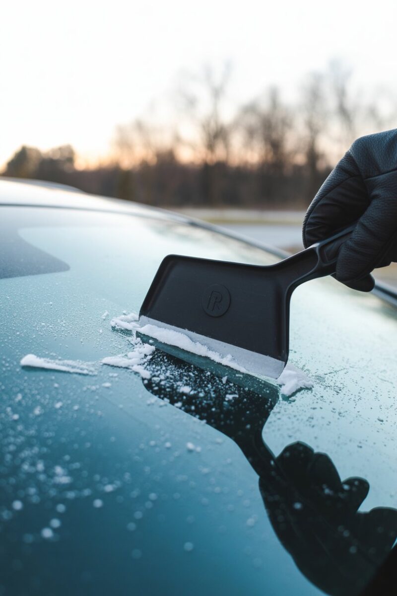 An ice scraper on a frosted windshield, ready to clear the ice.
