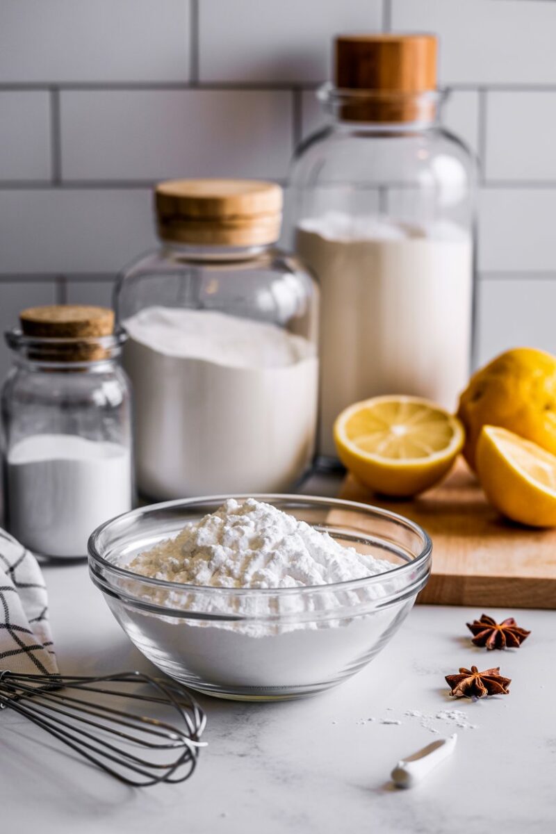 Baking soda and other baking ingredients on a kitchen counter