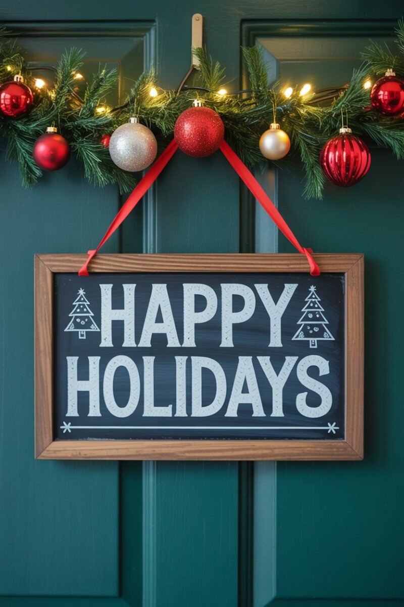 Chalkboard sign with holiday message hanging on a door, decorated with garland and ornaments.