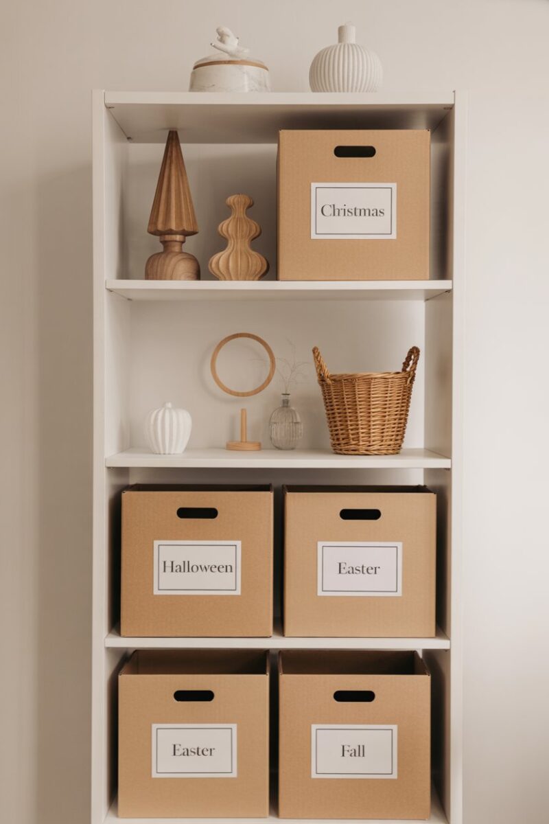 Organized shelves with labeled boxes containing seasonal decorations.